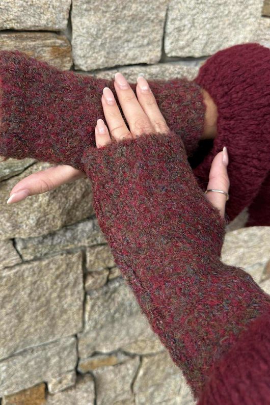 Boucle Fingerless Gloves Burgundy Melange
